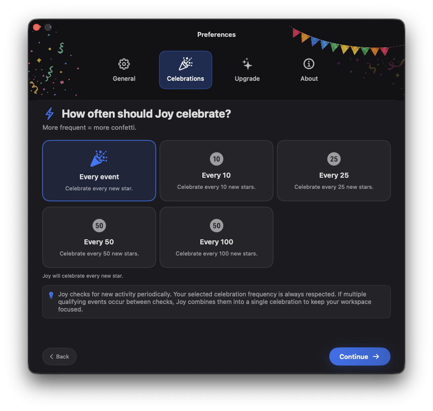 Joy's frequency picker for how often to celebrate new stars